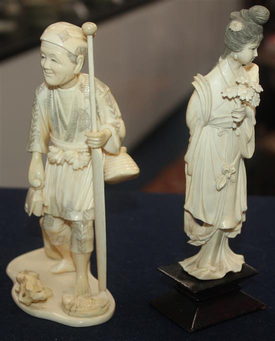 Three Japanese ivory okimono and a Chinese ivory figure, early 20th century, 8.5 - 18cm